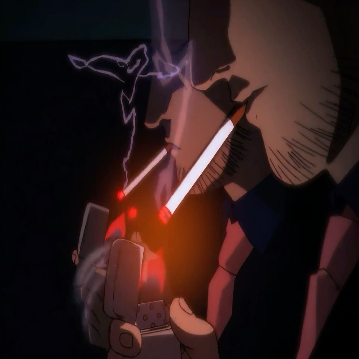 Cinematic anime figure lighting a cigarette in dim red light