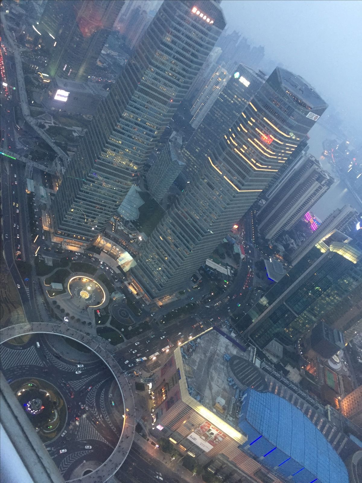 Aerial view of a glowing city skyline at night